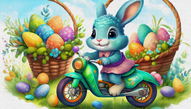 OIL PAINTING STYLE CARTOON CHARACTER CUTE baby BLUE RABBIT ride Stylish green cross motorcycle isolated