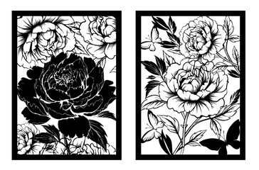 Black and white peonies flowers. Monochrome postcard. hand drawing. Not AI, Vector illustration.