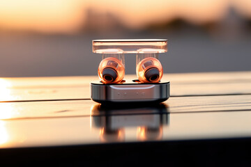 Ear buds on wooden table, sunset background. wireless sleek audio earbuds in glossy case, evening ambiance - obrazy, fototapety, plakaty