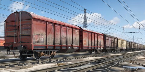 freight train on rails Generative AI - obrazy, fototapety, plakaty