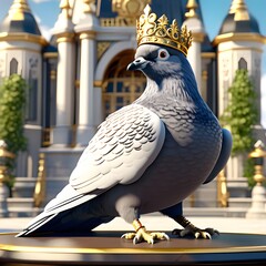Grey pigeon standing on two feet wearing a crown