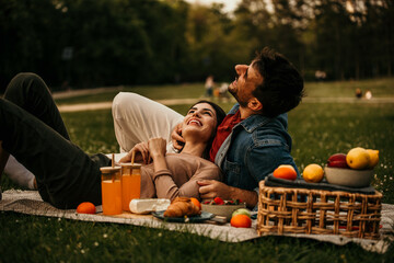Young couple relaxing together with a picnic basket in a beautiful park