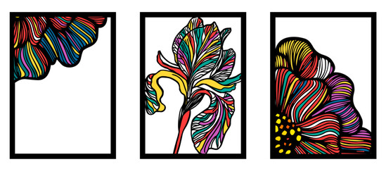 Graphic colored flowers wall paintings. Not AI, Vector illustration