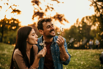 Beautiful young couple blowing dandelion flower in the park