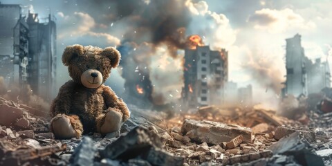 teddy bear against the background of destroyed buildings Generative AI - obrazy, fototapety, plakaty