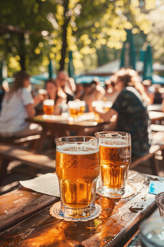 Summer in a  Bavarian beer garden:  glasses of beer and happy people in the background enjoying the company, the drink and the fine  weather
