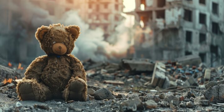 teddy bear against the background of destroyed buildings Generative AI