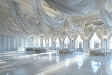 An opulent ballroom interior with sweeping white drapes, sparkling crystal chandeliers, and grand architectural details, exuding elegance and sophistication for a gala event..
