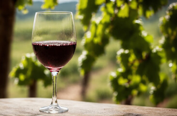 Zoom on a wine glass, droplets on the exterior, blurred vineyard landscape. AI generated.