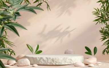 3D rendering of a viewing platform with tropical leaves and a scene of coral and stones. Product concept and advertising promotion. Natural background