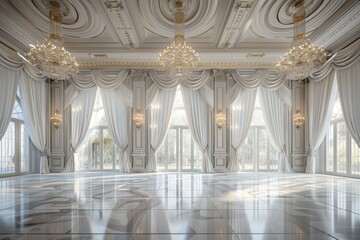 A grand and opulent ballroom bathed in natural light, showcasing luxurious chandeliers, ornate drapery, and a pristine reflective floor..
