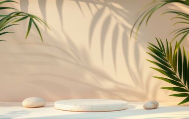 Obraz premium 3D rendering of a viewing platform with tropical leaves and a scene of coral and stones. Product concept and advertising promotion. Natural background