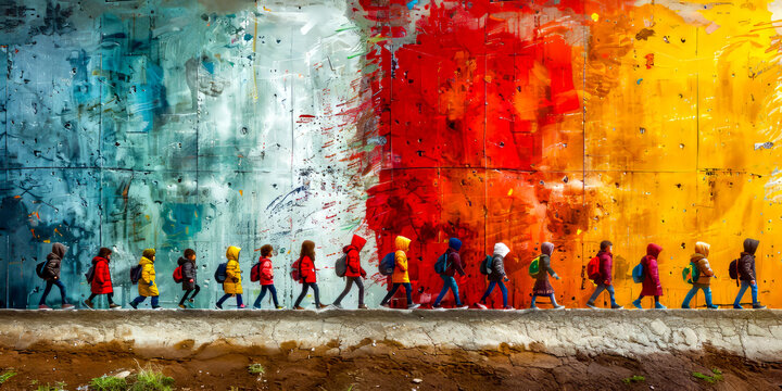 Group of people walking down street next to wall covered in graffiti.