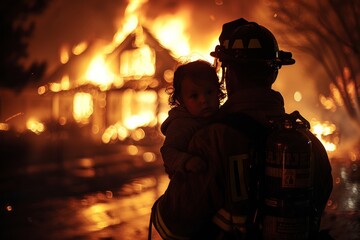 Emergency responder carries child out of blazing house with flames in sight