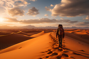 sunset in the desert, person walking in the desert