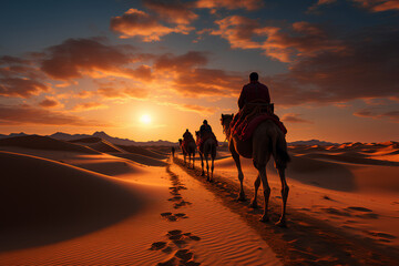 sunset in the desert riding camels