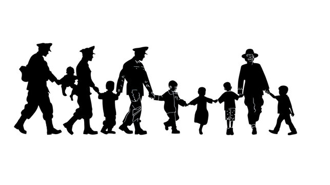 Black and white silhouette of man and woman holding hands with children.
