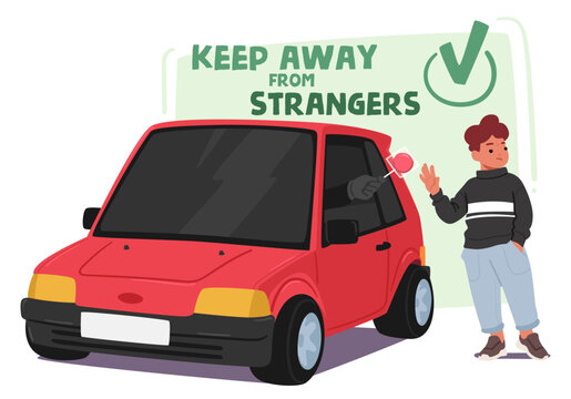 Keep Away From Strangers Rule. Kidnapper Character Entices Child With Candy From Car, Concept Teach Kids