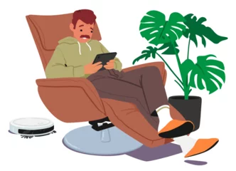  Man Comfortably Seated In An Armchair, Engrossed In His Tablet. Relaxed Male Character Browses And Shops Online © Hanna Syvak