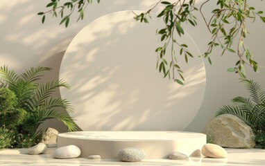 3D rendering of a viewing platform with tropical leaves and a scene of coral and stones. Product concept and advertising promotion. Natural background