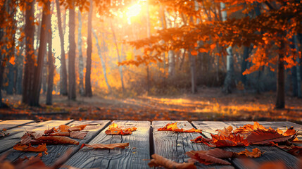 Naklejka na ściany i meble Autumn Table Orange Leaves And Wooden Plank