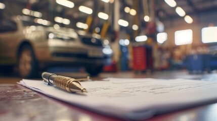 A close-up view of a car undergoing repairs in a garage, with a clear, sharp insurance policy document prominently displayed in the foreground. - obrazy, fototapety, plakaty