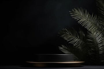 Black background with shadows of palm leaves on a black wall, an empty table top for product presentation.
