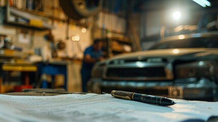 A close-up view of a car undergoing repairs in a garage, with a clear, sharp insurance policy document prominently displayed in the foreground. - obrazy, fototapety, plakaty