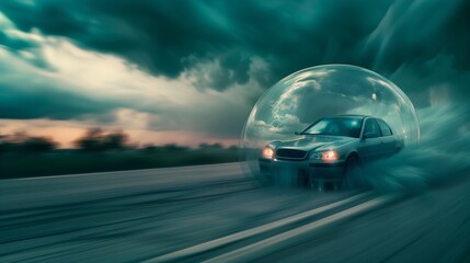 A modern vehicle is encased in a transparent, protective dome shield, symbolizing comprehensive auto insurance coverage and financial protection against accidents or theft.