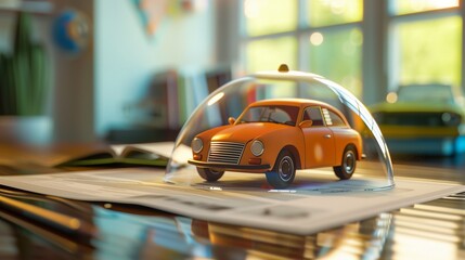 A modern vehicle is encased in a transparent, protective dome shield, symbolizing comprehensive auto insurance coverage and financial protection against accidents or theft.