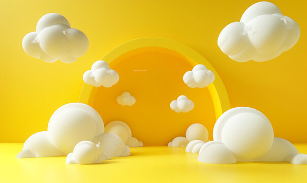 3d render, abstract minimal yellow background with white clouds flying out the tunnel - Powered by Adobe