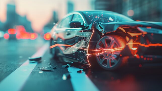 A dramatic scene of a car accident on a city street, with damaged vehicles and concerned individuals, illustrating the importance of automotive insurance.