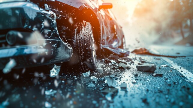 A dramatic scene of a car accident on a city street, with damaged vehicles and concerned individuals, illustrating the importance of automotive insurance.