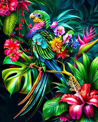 Painting of colorful bird sitting on branch surrounded by tropical flowers.