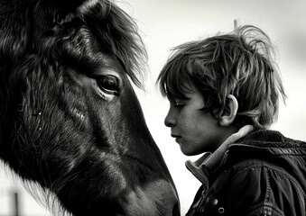 Black and white photo of young boy and black and white photo of horse.