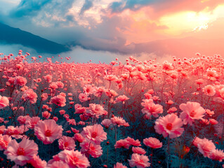 Field full of pink flowers under cloudy sky with mountain in the background. - Powered by Adobe