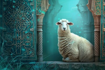 Fototapeta premium Realistic Islamic Eid Al Adha Mubarak Background with Animal For sacrifice and copy space - generative ai