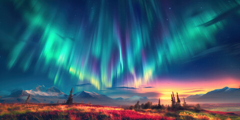 Aurora borealis, northern lights in the sky above the autumn tundra - obrazy, fototapety, plakaty