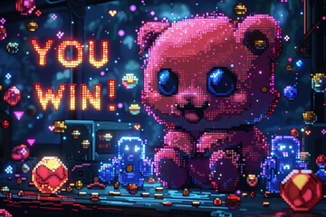 pixelated background in the style of a vintage video game with the inscription YOU WIN