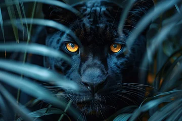 Tuinposter black panther looks from tropical vegetation in the jungle at night © Evgeny