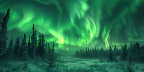 aurora borealis in the sky above the winter forest - obrazy, fototapety, plakaty