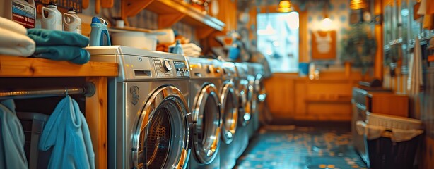 Washing machines, dryer and other domestic appliance equipment in the store. AI generated illustration - obrazy, fototapety, plakaty