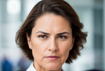 Fototapeta premium Close-up of a business executives face, serious look, blurred office backdrop. AI generated.