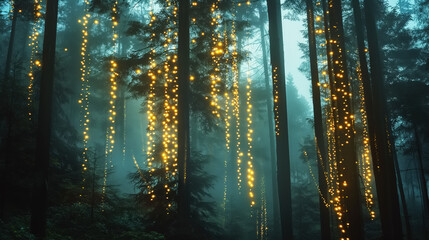 Dark misty forest illuminated by strings of glowing lights. Mysterious landscape with tall trees and supernatural bioluminescent lights. Energy of nature. Mystical enchanted forest.
