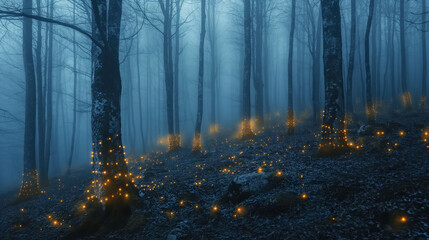 Dark trees surrounded with mysterious bioluminescent living lights. Eerie misty forest illuminated by supernatural glowing lights. Mystical enchanted forest. Energy of nature. - obrazy, fototapety, plakaty