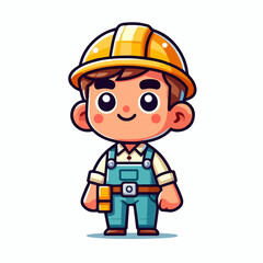 Obraz na płótnie Canvas Cartoon Construction Worker Kid, Smiling with Yellow Helmet