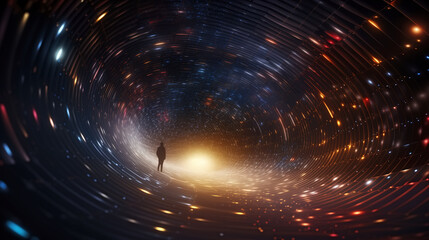 Person entering a shiny tunnel of light with golden grids, looking at the light in front. Mystical experience, wormhole, portal, gateway to another dimension, exploring the unknown.