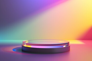 Empty round glass platform podium stand for product presentation scene with glowing neon lighting. Futuristic empty stage mockup on rainbow flare background with colorful streaks of light. Front view