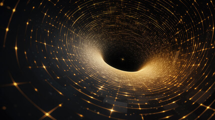 Swirling wormhole with golden grids, shining in dark space. Gateway to an alternate dimension. Curved space travel tunnel. Portal, glowing funnel leading to another word.