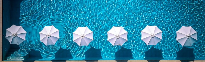 Aerial view, blue swimming pool ripples white parasols shadows water, holiday concept. - Powered by Adobe